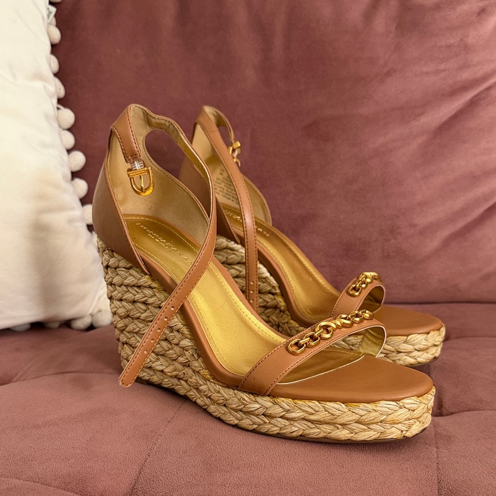 Donna Karan Tan Wedge Sandals with Gold Accents